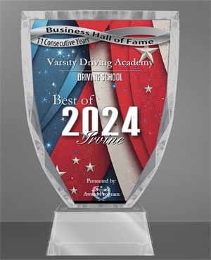 Voted Top Driving School in Irvine 2024 Award Plaque Naming Varsity Driving School the Best Driving School in Irvine 2024